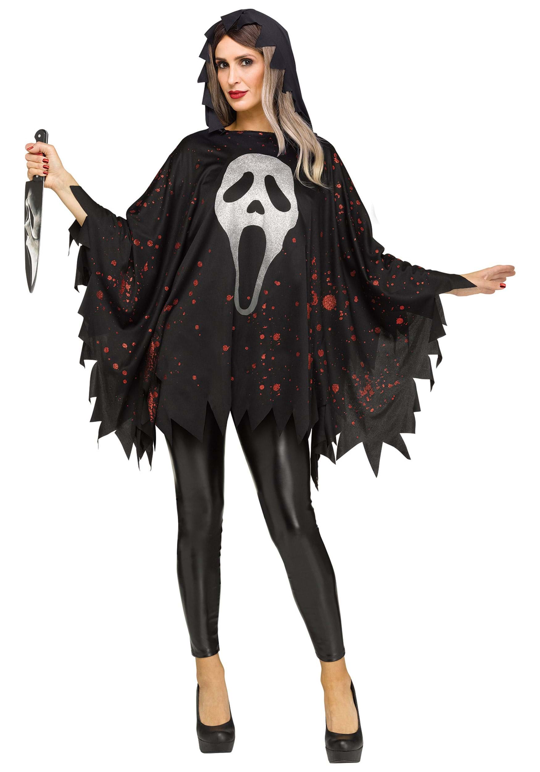 Women's Ghost Face Glitter Fancy Dress Costume Poncho | Scream Fancy Dress Costumes