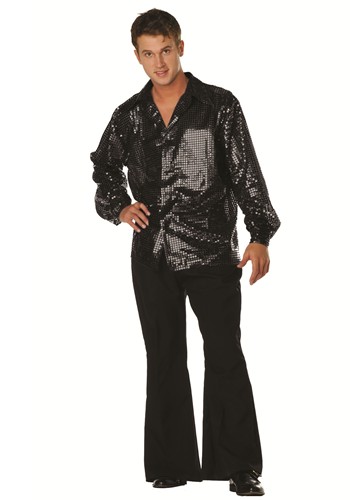 Plus Size 70s Disco Inferno Black Sequin Costume Shirt