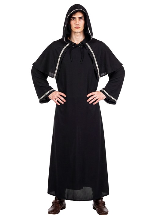 Medieval Warlock Black Velvet Hooded Robe Costume