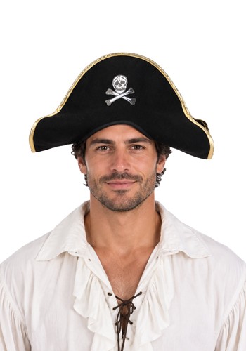 Adult Black Pirate Costume Felt Hat Gold Trim