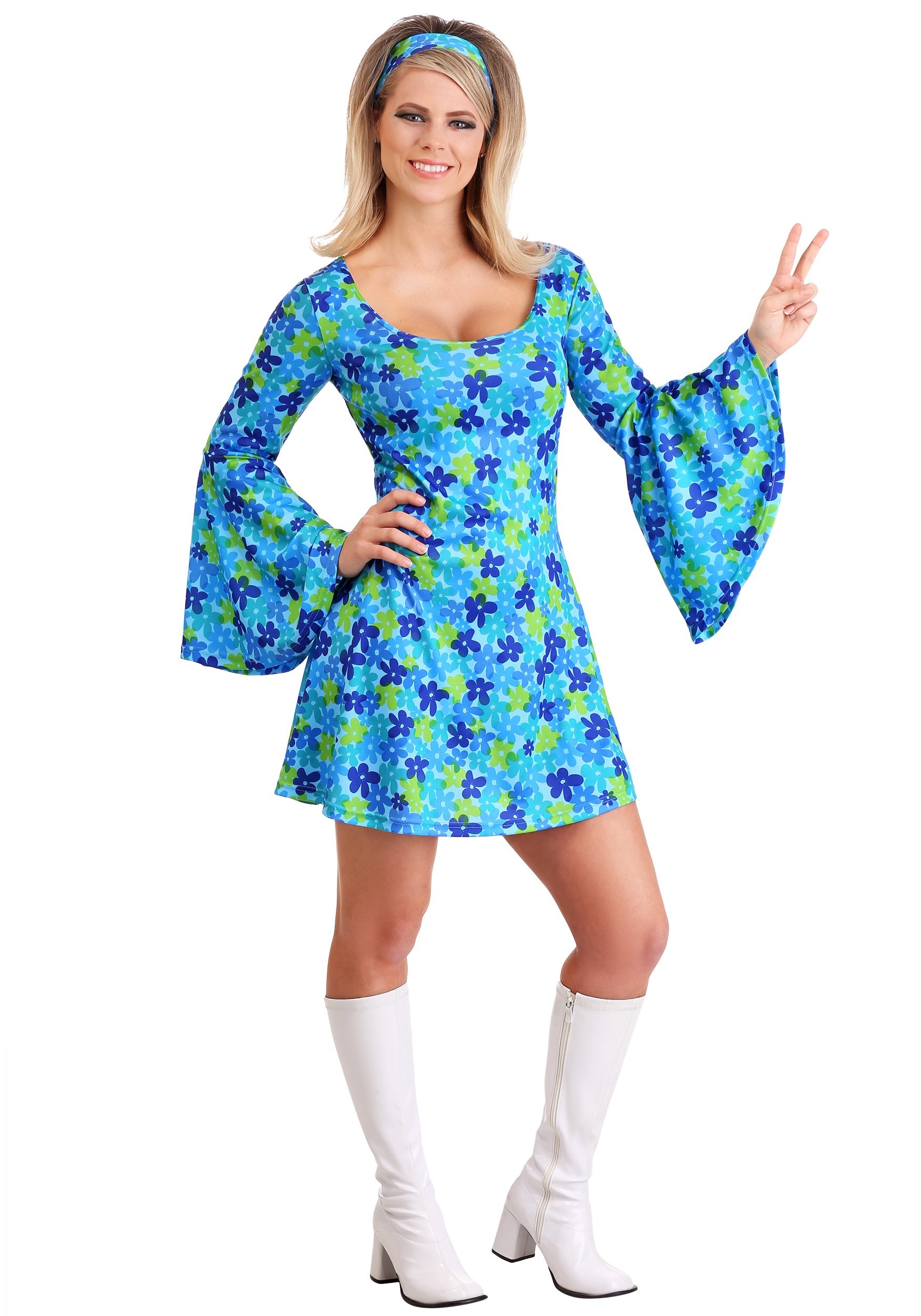 Plus Size Wild Flower 70's Hippie Dress Fancy Dress Costume For Women