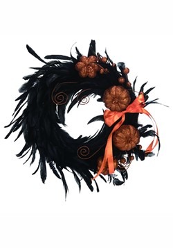 17" Black Feather Glitter Pumpkin Wreath