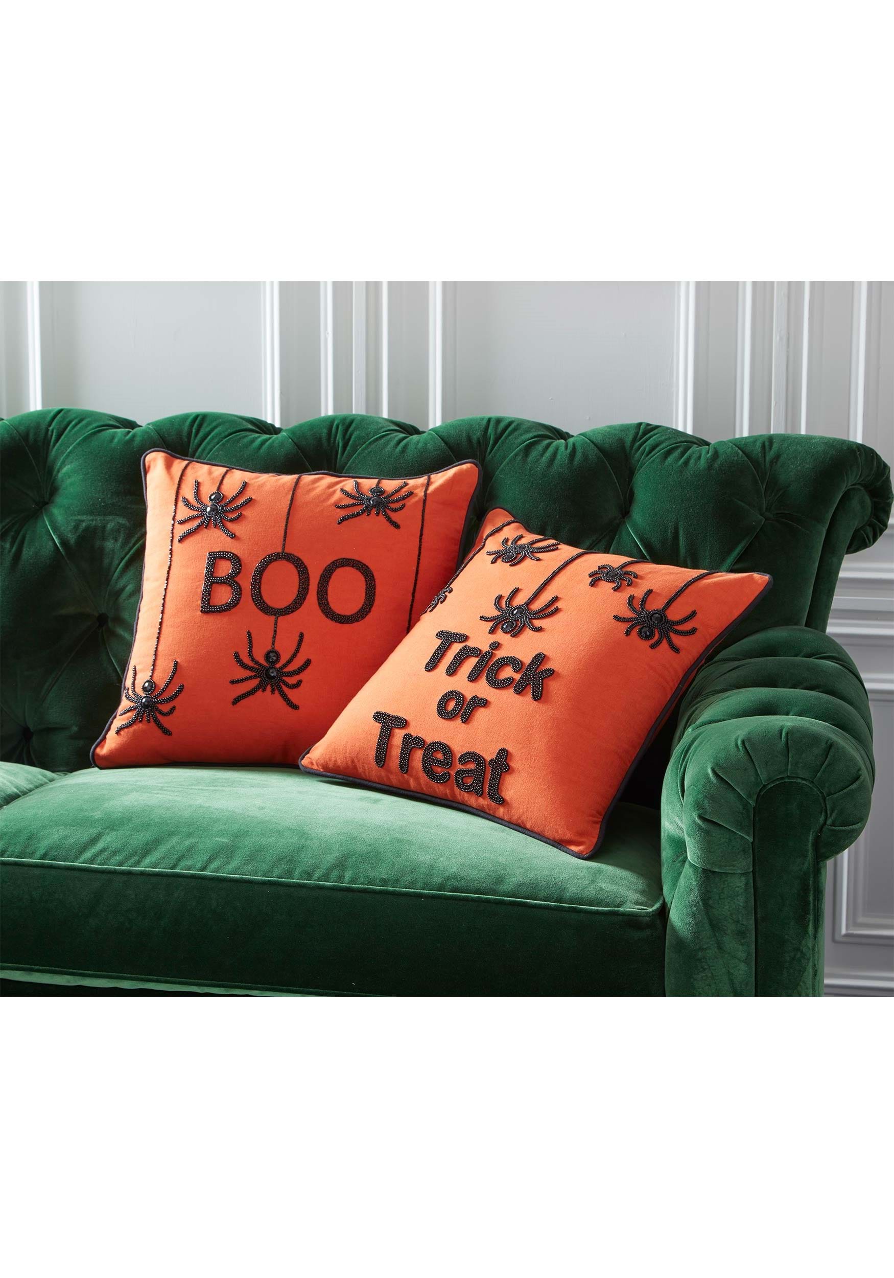 Eighteen Inch Orange Square Beaded TRICK OR TREAT Pillow With Spiders