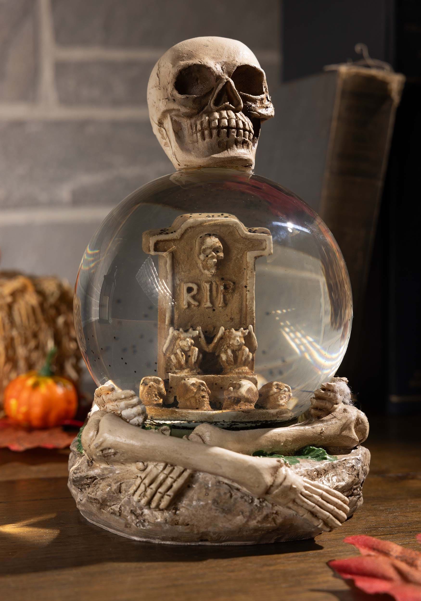 6 Skeleton Water Globe With Tombstone And Glitter Bats