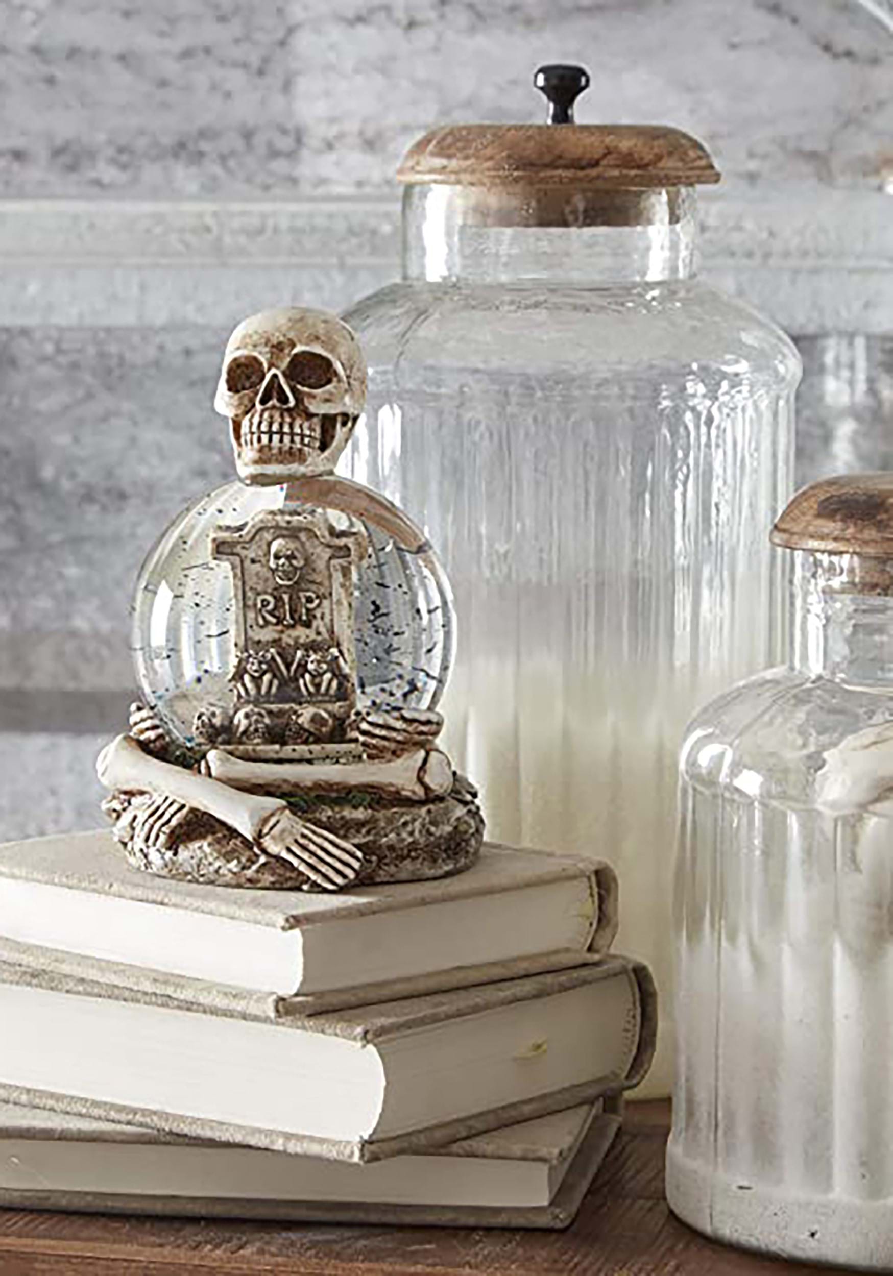 6 Skeleton Water Globe With Tombstone And Glitter Bats