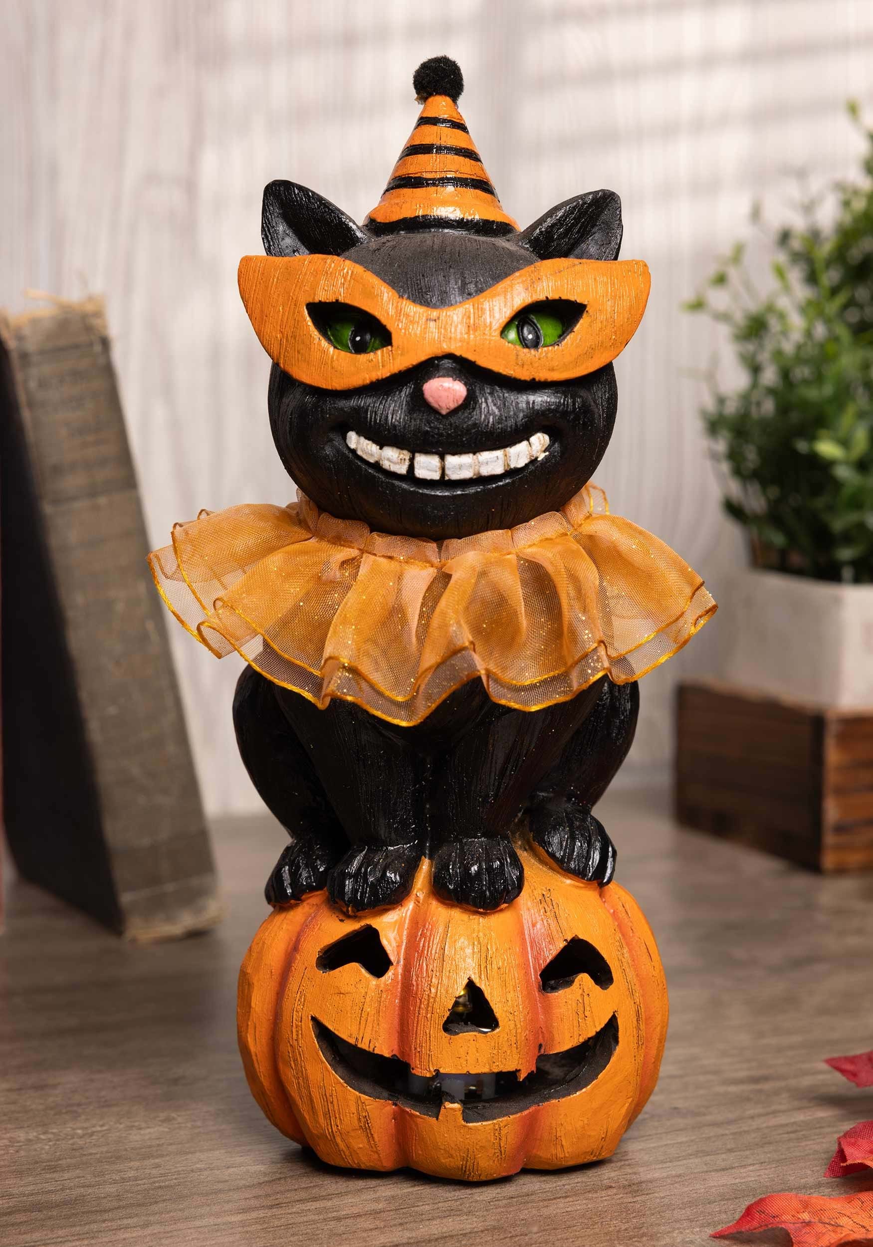8 Inch Black Cat With Party Hat On LED Pumpkin