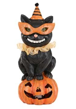 8 Inch Black Cat with Party Hat On LED Pumpkin