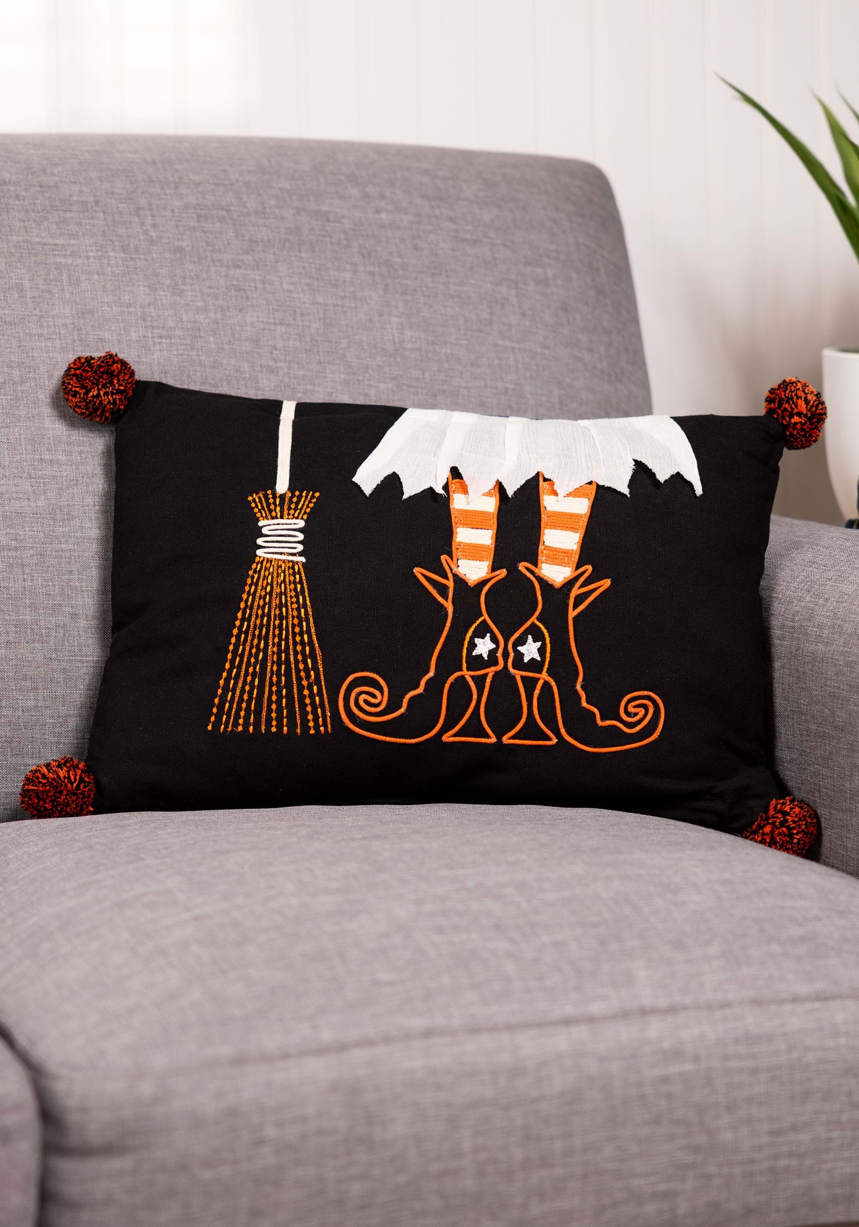 Rectangular Witch Boot And Broom Pillow
