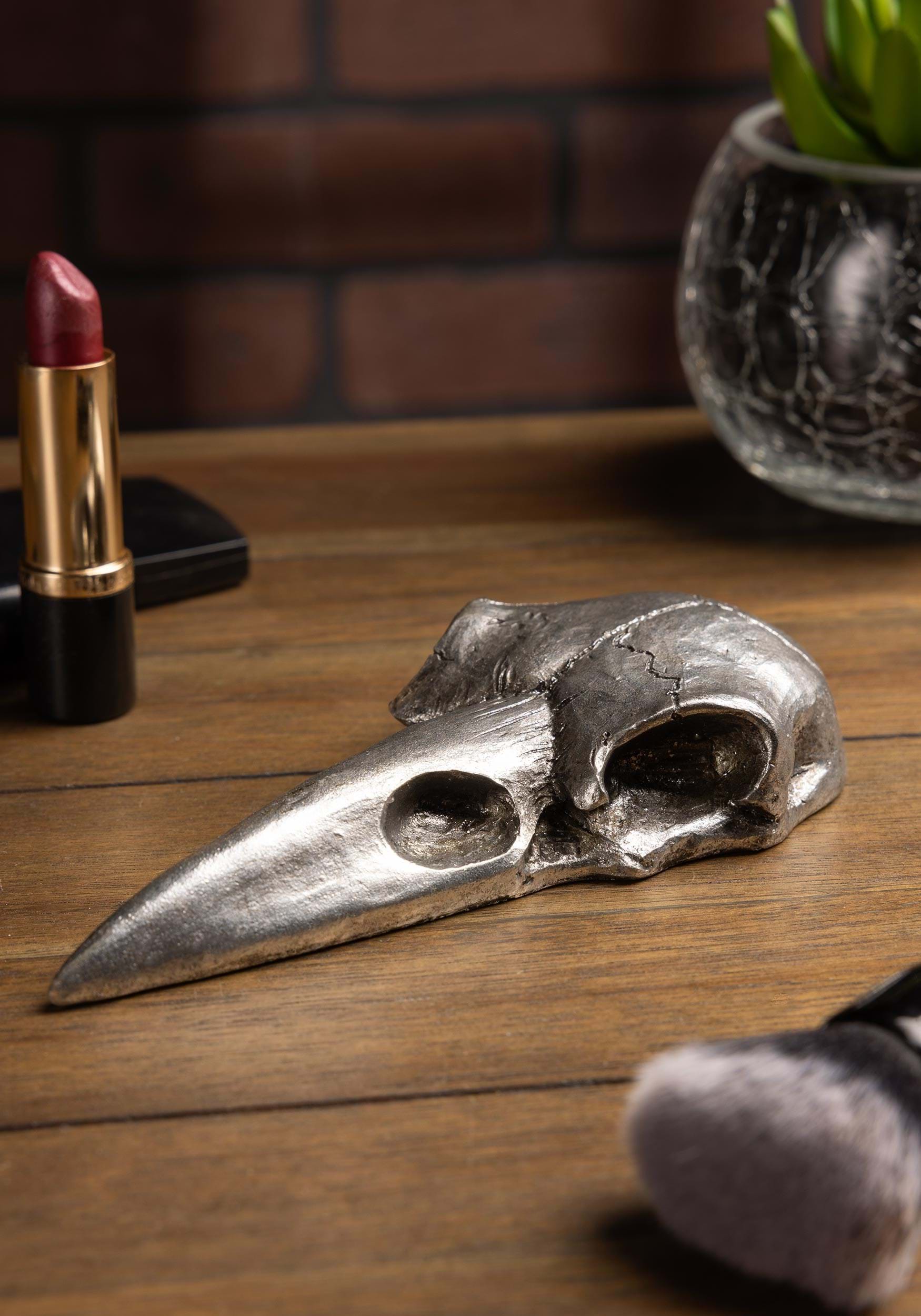 Gothic Silver Raven Skull Hand Mirror