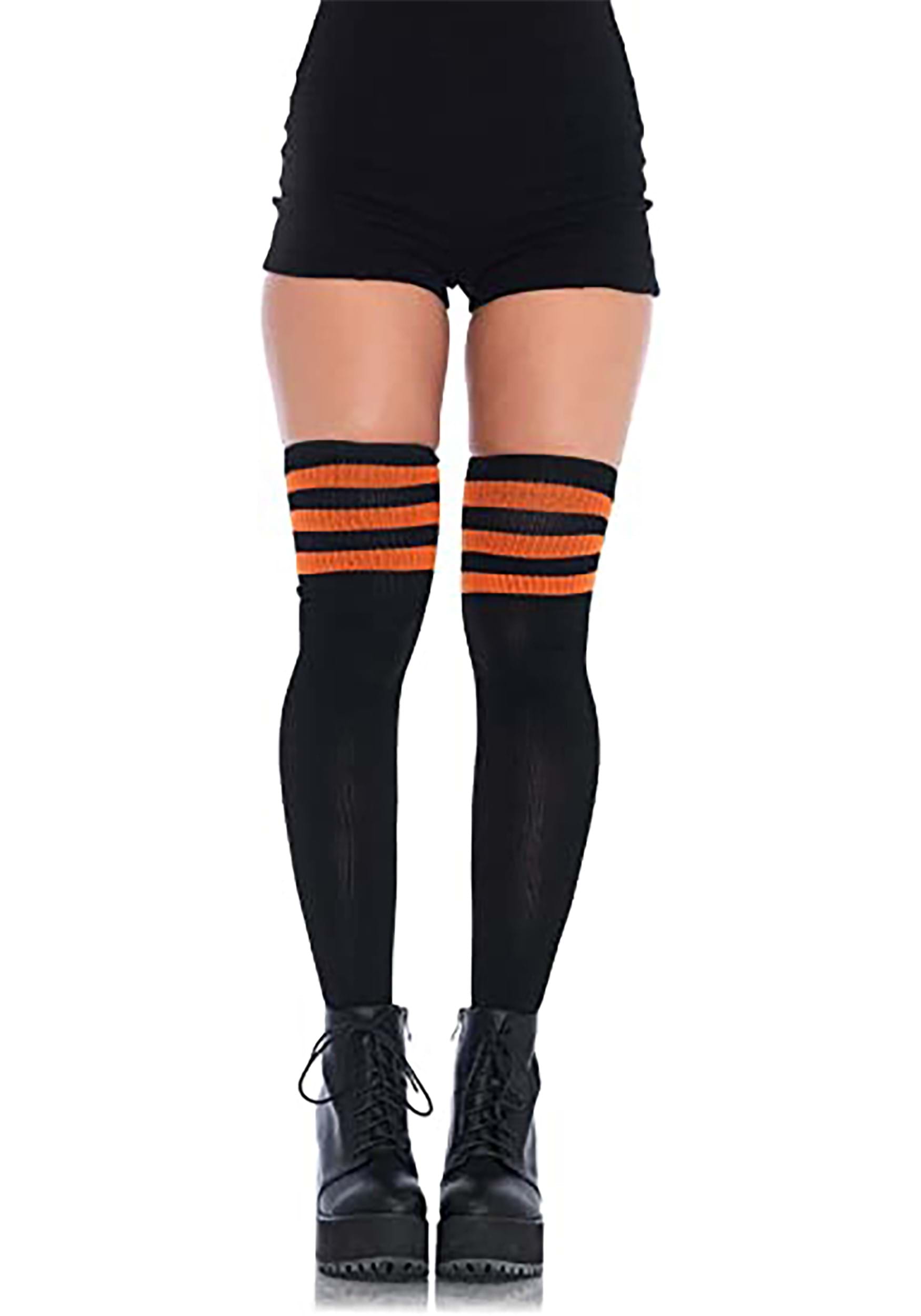 Women's Thigh High Athletic Black Socks with Orange Stripes Thigh