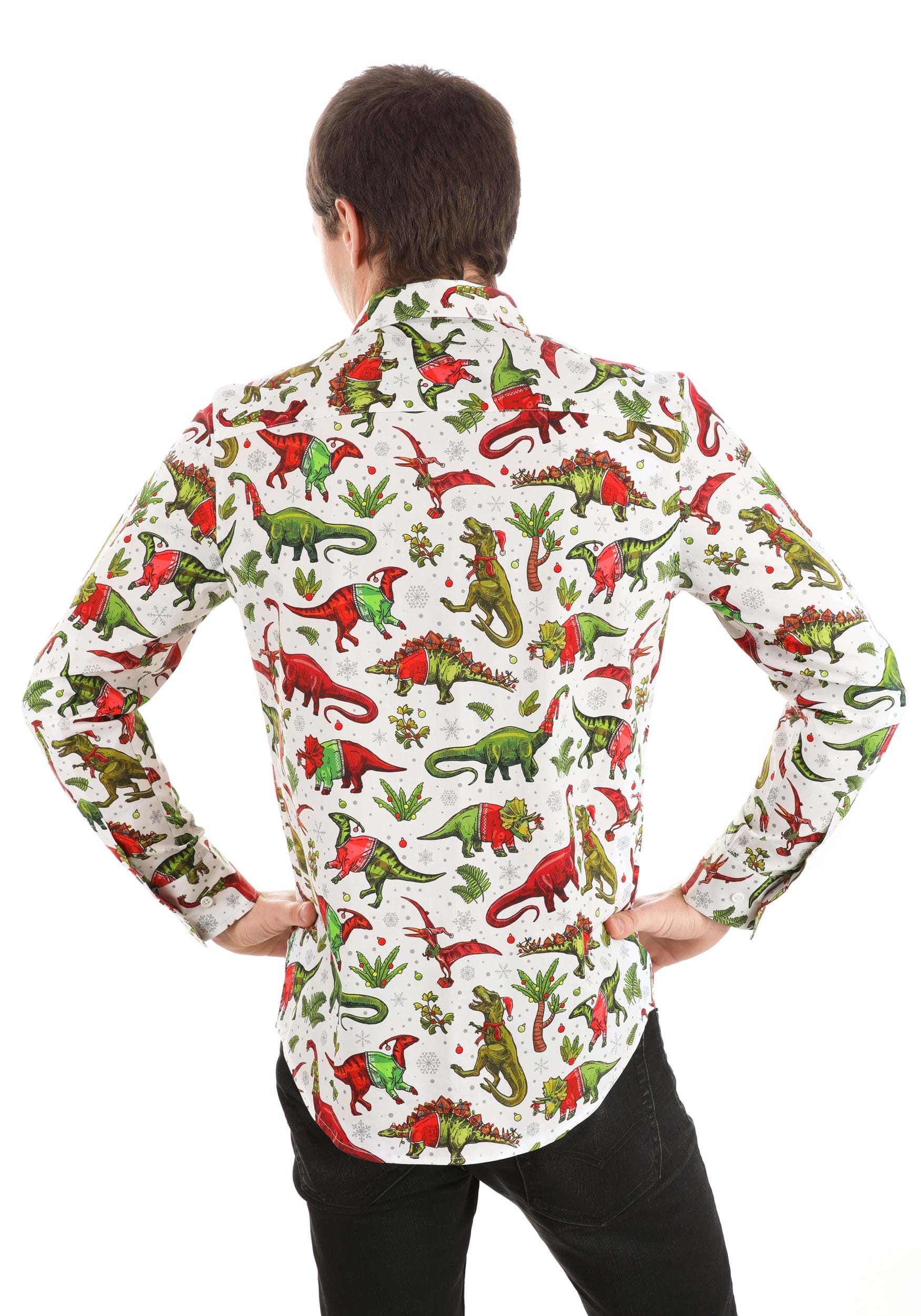 Christmas Dinosaurs Button Up Adult Shirt , Holiday Christmas Shirts