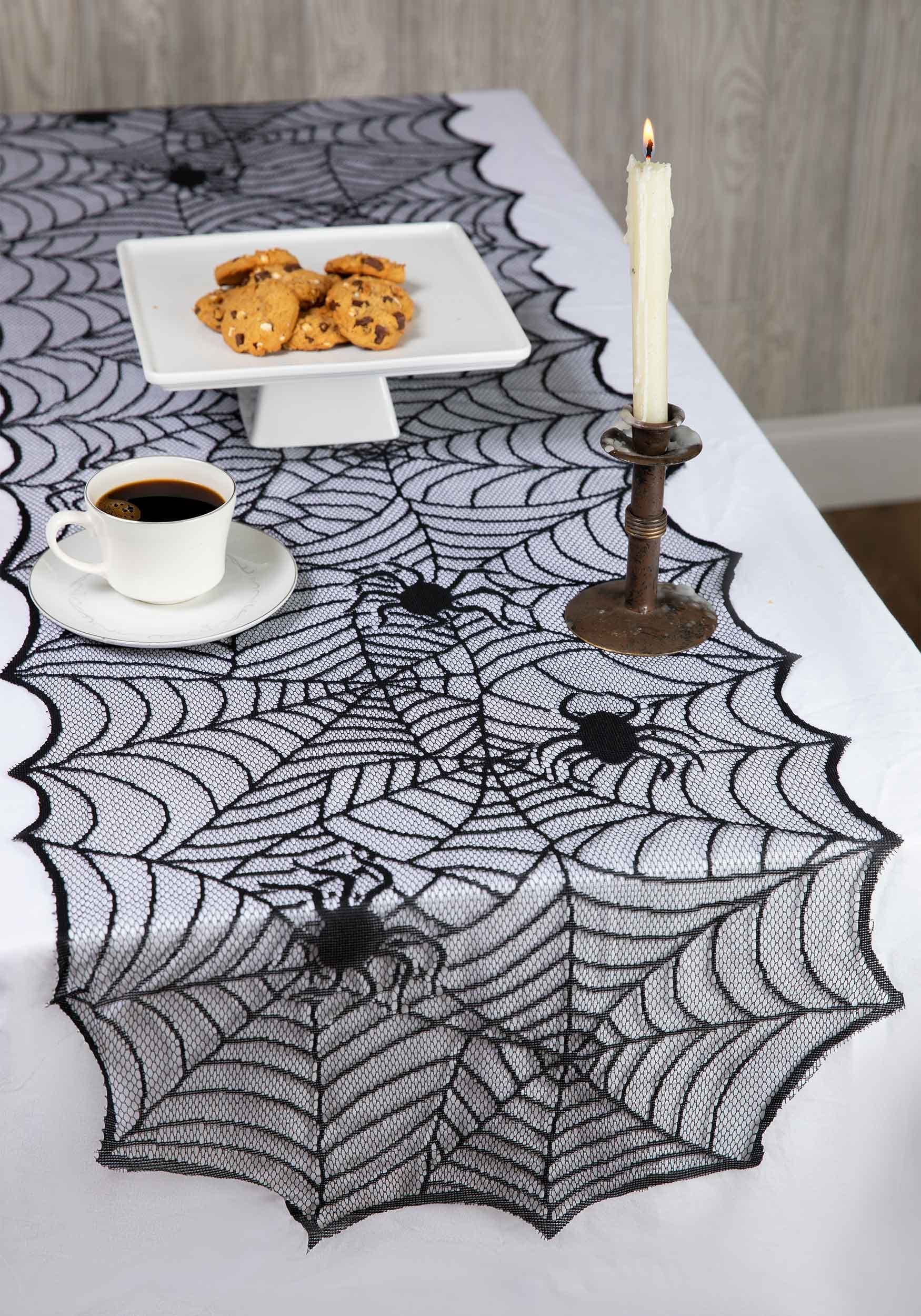 thumbnail image 2 of Halloween Spider Web Table Runner 18x72 Inch - Black Lace Gothic Table Decor 2 of 14