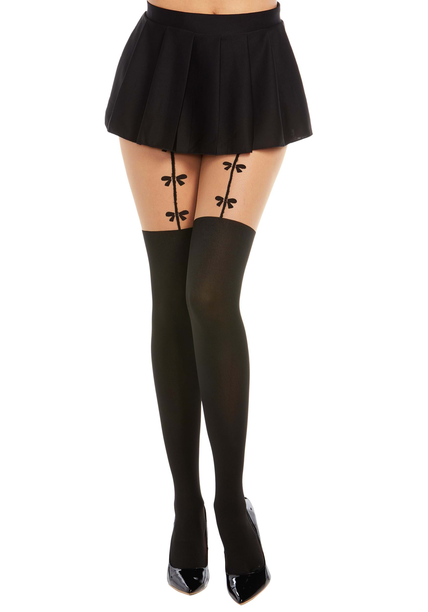 Women's Beige Pantyhose With Black Knitted Thigh High and Bow