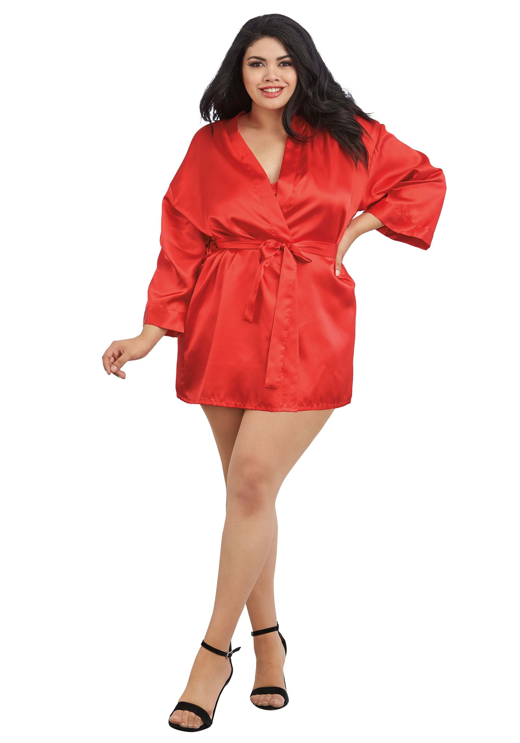 Plus Size Red Charmeuse Chemise And Robe , Women's Lingerie