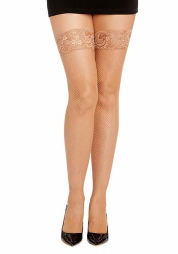 Beige Lace Top Thigh High Fishnet Stocking