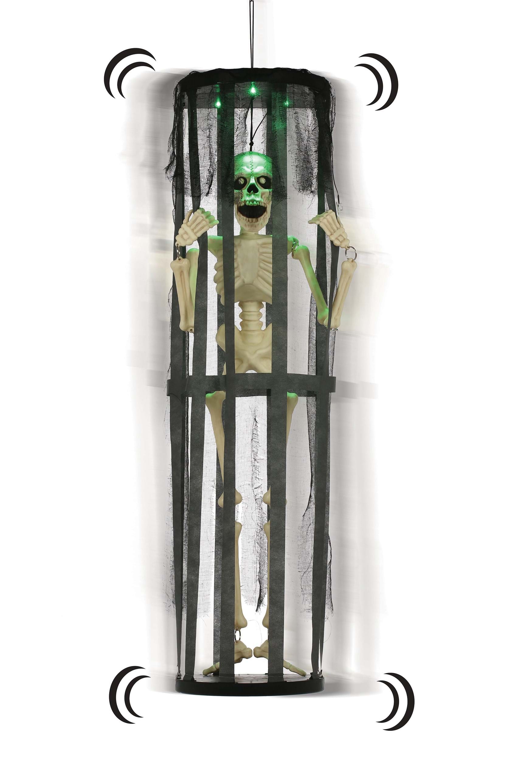 40 LED & Sound Activated Shaking Skeleton In Cage Halloween Prop